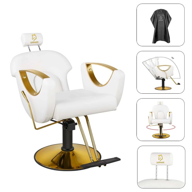 LUXMARS Reclining Barber Chair Salon Chair Height Adjustable Hydraulic Chair Tattoo Chairs 360 Degrees Rolling Swivel Barber Chairs for Barbershop Hair Salon Spa Equipment - White