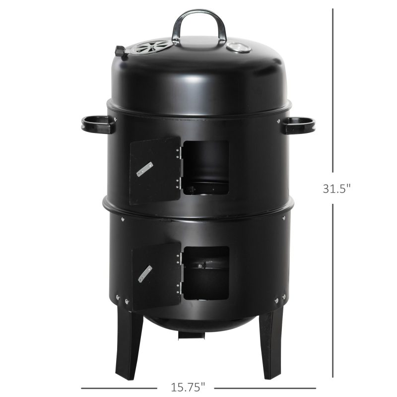 Outsunny Vertical Charcoal BBQ Smoker, 3-in-1 16" Round Charcoal Barbecue Grill with 2 Cooking Area, and Thermometer for Outdoor Camping Picnic Backyard Cooking, Black - Image 7