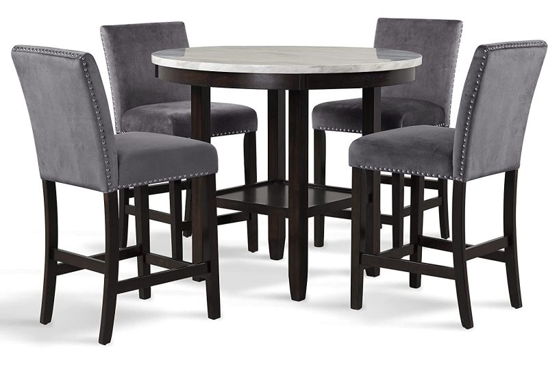 New Classic Furniture Celeste 5-Piece Faux Marble Round Counter Set with 1 Table and 4 Chairs, 42-Inch, Grey - Image 3