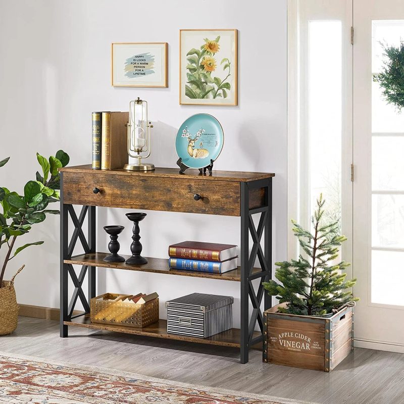 Console Table with Drawer, Entryway Table with 3 Tier Storage Shelves, Narrow Long Sofa Table for Entryway, Living Room, Hallway, Couch, Kitchen, Metal Frame, Brown - Image 2