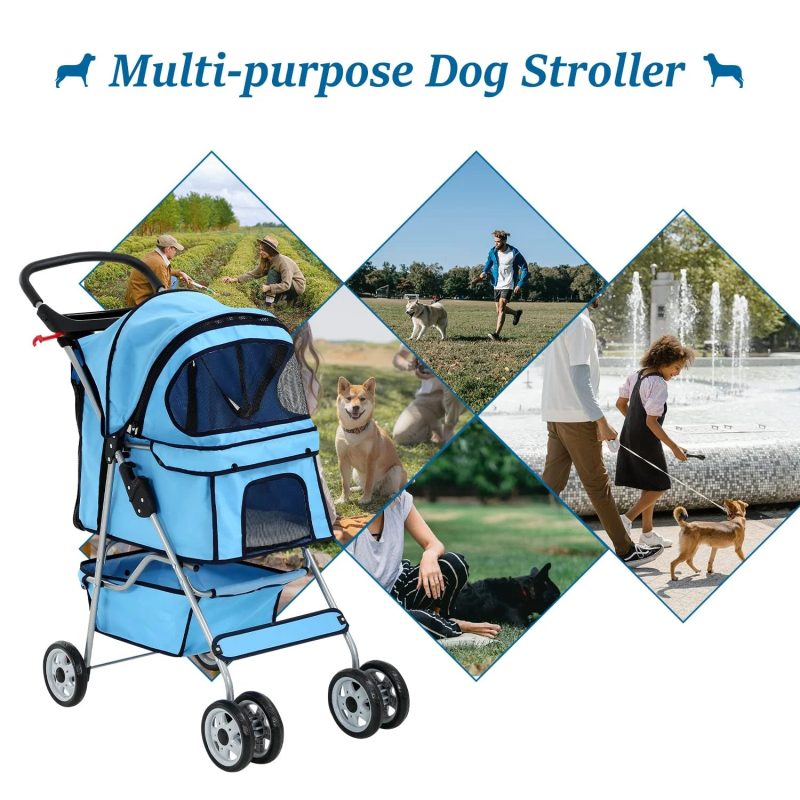 Dkelincs 4 Wheels Pet Stroller Folding Dog Cat Stroller Travel Carrier with Cup Holder & Storage Basket, Blue - Image 5