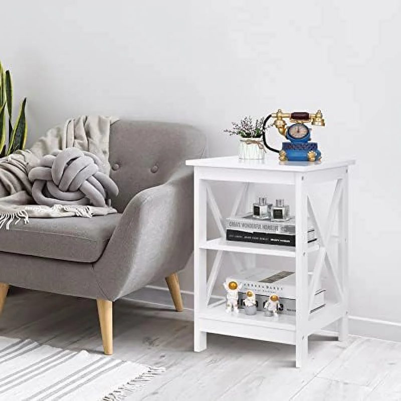 ASDRFYU 3-Tier End/Side/Sofa/Table with Shelves Wooden X-Design Nightstand for Small Space Living Room Bedroom Office Bathroom White - Image 2