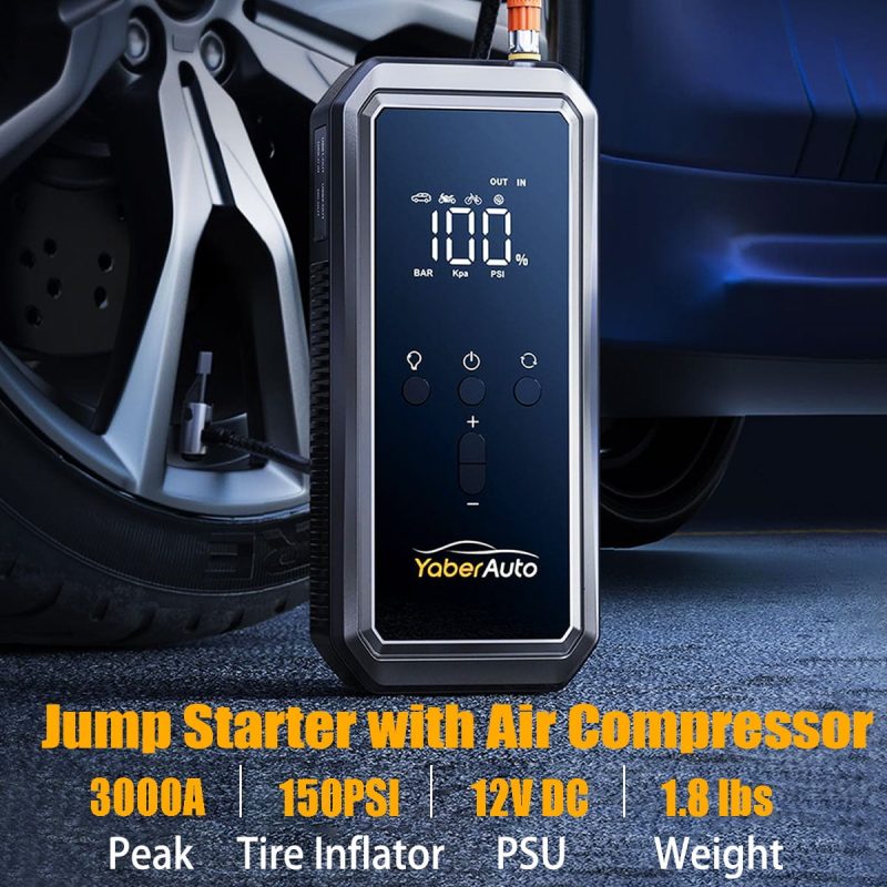 Car Jump Starter with Air Compressor 3000A 150PSI (9.0L Gas/8.0L Diesel)Portable Car Battery Jump Starter with Tire Inflator 12V DC PSU Jump Box Extended Jumper Cables Large LCD Display 300Lumen Light - Image 9