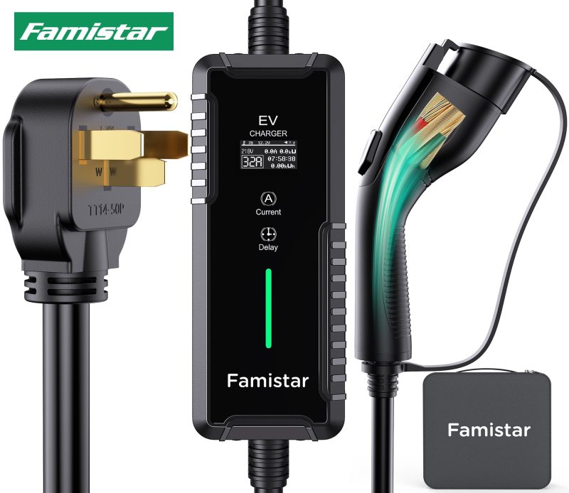 Famistar EV Charger, Level 2 Portable Electric Vehicle Car Charger Charging Station, 14-50 Plug, 32 Amp, 100-240V, 25FT Model, IP65 Waterproof, 0.96” LCD Screen, UL Recognized, for SAE J1772 EV