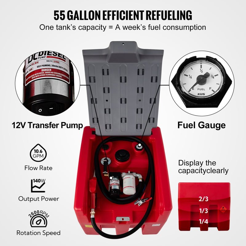 VEVOR Portable Diesel Tank, 58 Gallon Capacity & 10 GPM Flow Rate, Diesel Fuel Tank with 12V Electric Transfer Pump and 13.1ft Rubber Hose, PE Diesel Transfer Tank for Easy Fuel Transportation, Red - Image 3