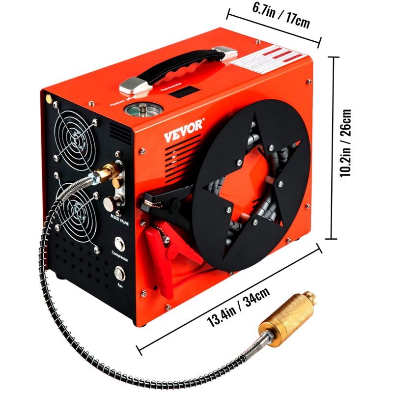 VEVORbrand PCP Air Compressor,4500PSI Portable PCP Compressor,12V DC 110V/220V AC PCP Airgun Compressor Auto-stop,with Built-in Adapter,Fan Cooling,Wire Spool Suitable for Paintball,Scuba,Air Rifle - Image 8