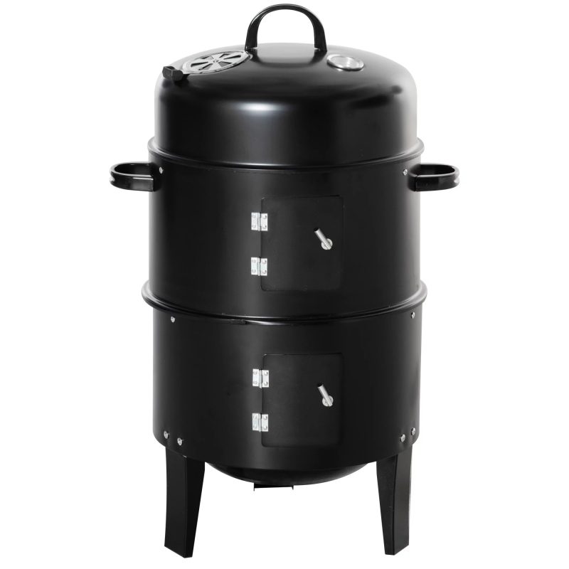 Outsunny Vertical Charcoal BBQ Smoker, 3-in-1 16" Round Charcoal Barbecue Grill with 2 Cooking Area, and Thermometer for Outdoor Camping Picnic Backyard Cooking, Black - Image 2