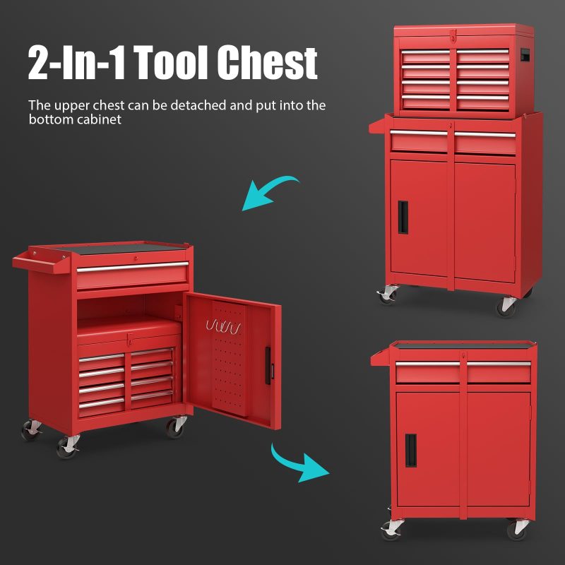 Goplus Tool Chest, 5-Drawer Rolling Tool Storage Cabinet with Detachable Top Tool Box, Liner, Universal Lockable Wheels, Adjustable Shelf, Locking Mechanism, Metal Tool Cart for Garage Workshop - Image 4