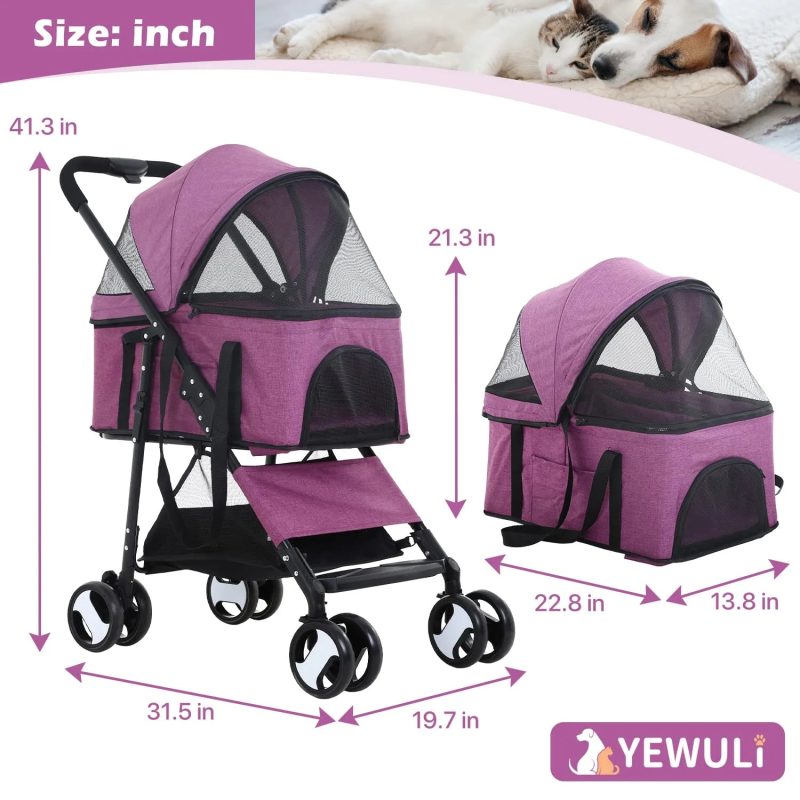 NiamVelo Pet Stroller 3-in-1 Detachable Dog Stroller with 4 Wheels Foldable Dog Travel Cart Cat Walker for Doggy Rabbit, Purple - Image 7