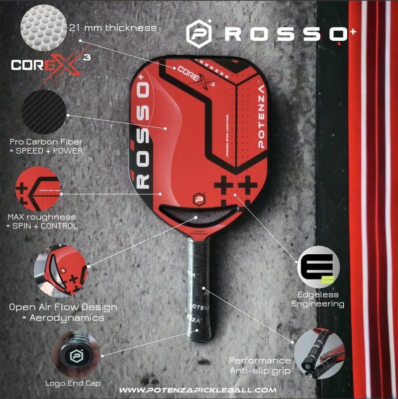 Potenza ROSSO+ Pro Pickleball Paddle (Carbon Fiber, 21mm COREx3 Open Throat) - Image 2