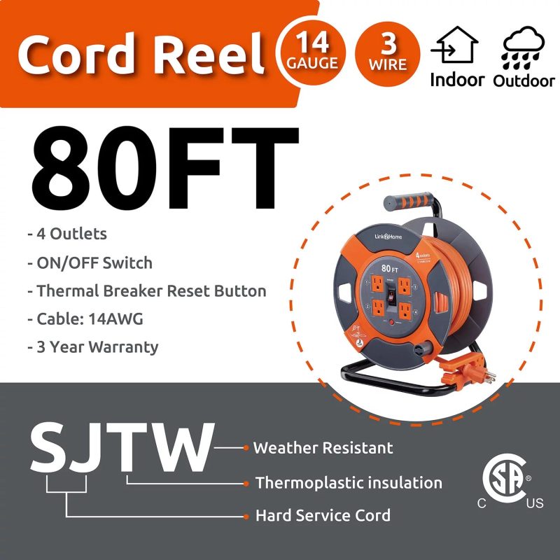 Link2Home Cord Reel Extension Cord 4 Power Outlets (80 Feet) - Image 3