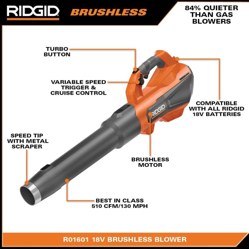 18V Brushless 130 MPH 510 CFM Cordless Battery Leaf Blower (Tool Only) R01601B - Image 3