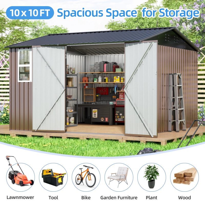 JAXPETY 10 x 10 ft Outdoor Metal Storage Shed with Window & Lockable Door for Garden, Backyard, Tool Storage Use, Brown - Image 6