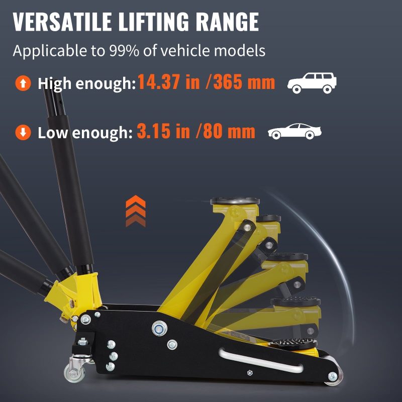 BENTISM Low Profile Floor Jack 1.5 Ton (3300 lbs), Aluminum and Steel Hydraulic Racing Floor Jack, Dual Piston Quick Lift Pump, 3-3/20" - 14-10/27" Height Lifting Range, Yellow+Black - Image 3