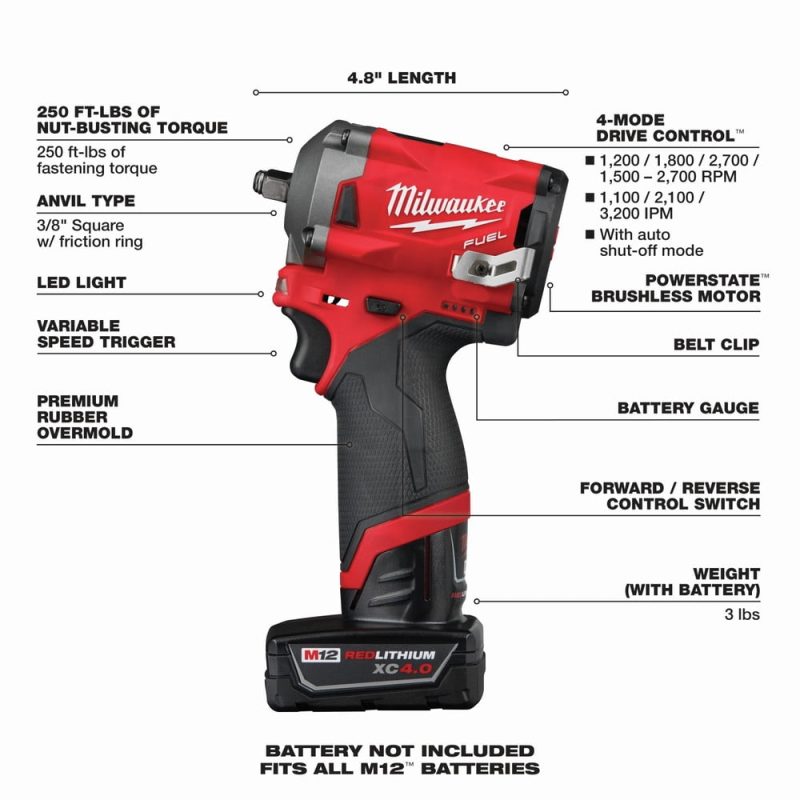 Milwaukee 2554-22 M12 FUEL Stubby 3/8 in. Impact Wrench Kit (2 Ah/4 Ah) - Image 3