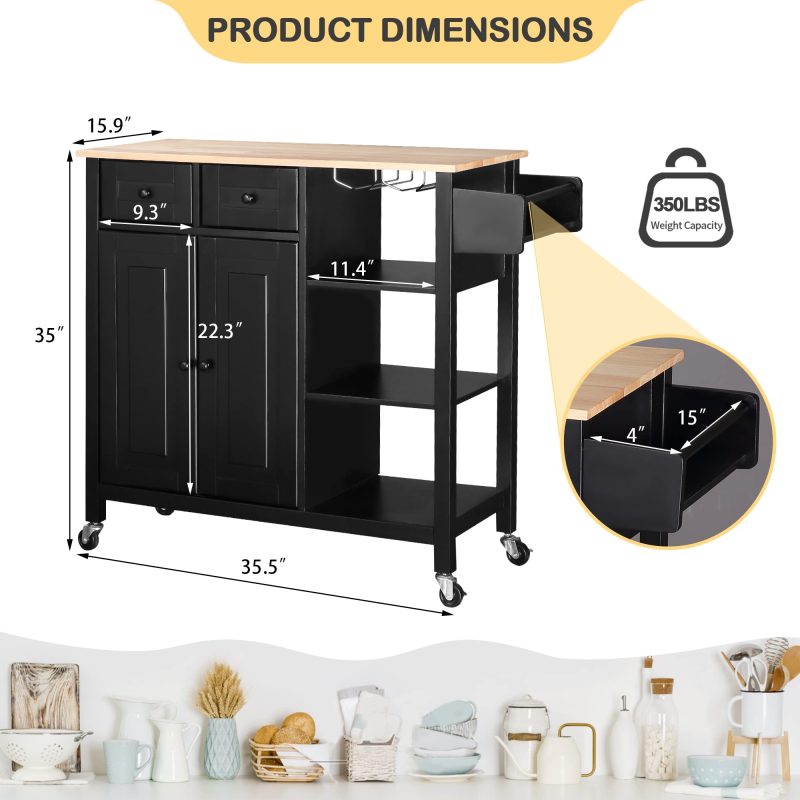 HOMREST Kitchen Island on Wheels, Kitchen Cart with Cabinet & 3 Layer Shelves, Wood Countertop Mobile Storage Islands with Spice Rack, Lockable Wheels, Drawer and Two Doors, Wine Glass Holder - Image 8