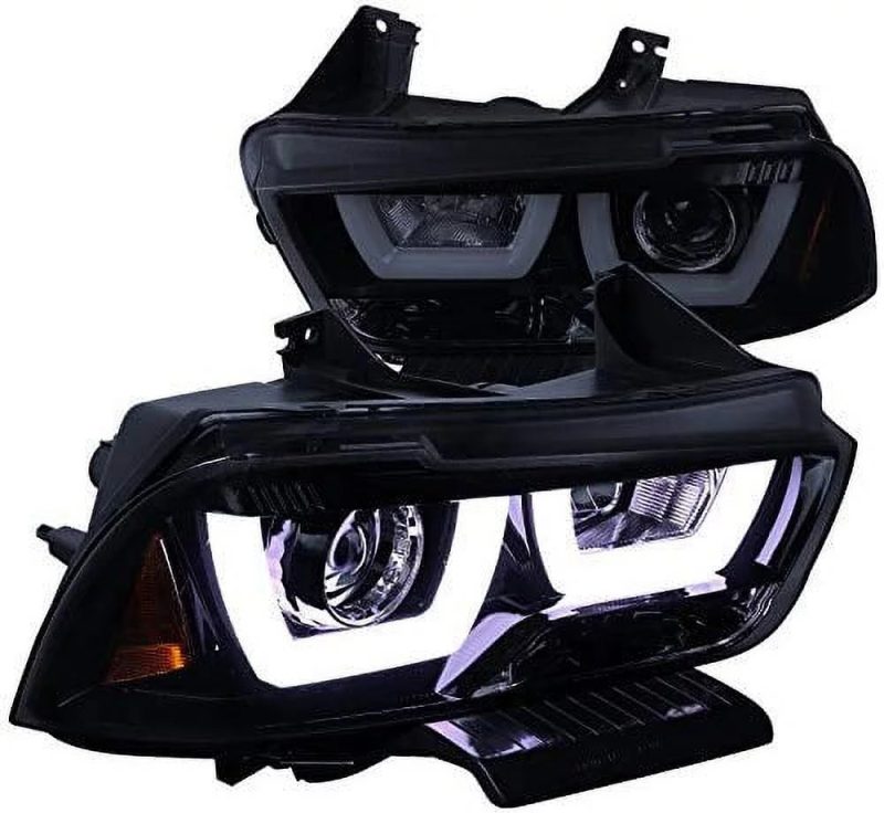 DRL LED Light Bar Strip Projector Headlight Head Lamp Replacement in Gloss Black Housing Smoke Lens Made For And Compatible With 2011 - 2014 Dodge Charger 11 12 13 14