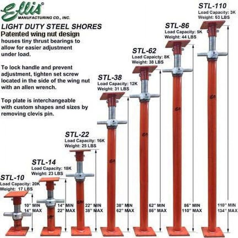 Ellis Manufacturing Company - Light Duty Steel Lifting Shores - 10" - 14" Adjustment Range - 20,000 lb Safe Load Capacity - Image 2