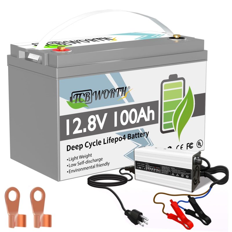 LiFePO4 Battery 12V 100Ah with 10A Charger,TCBWORTH Battery,100A BMS,10000+Cycles, for RV,Solar