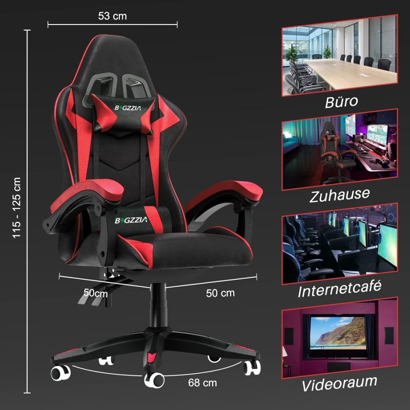 Bigzzia Gaming Chair Office Chair Reclining High Back Leather Adjustable Swivel Rolling Ergonomic Video Game Chairs Racing Chair Computer Desk Chair with Headrest and Lumbar Support (Black/Red) - Image 3