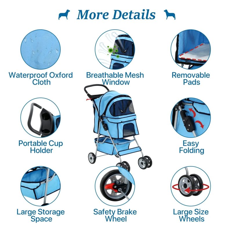 Dkelincs 4 Wheels Pet Stroller Folding Dog Cat Stroller Travel Carrier with Cup Holder & Storage Basket, Blue - Image 2