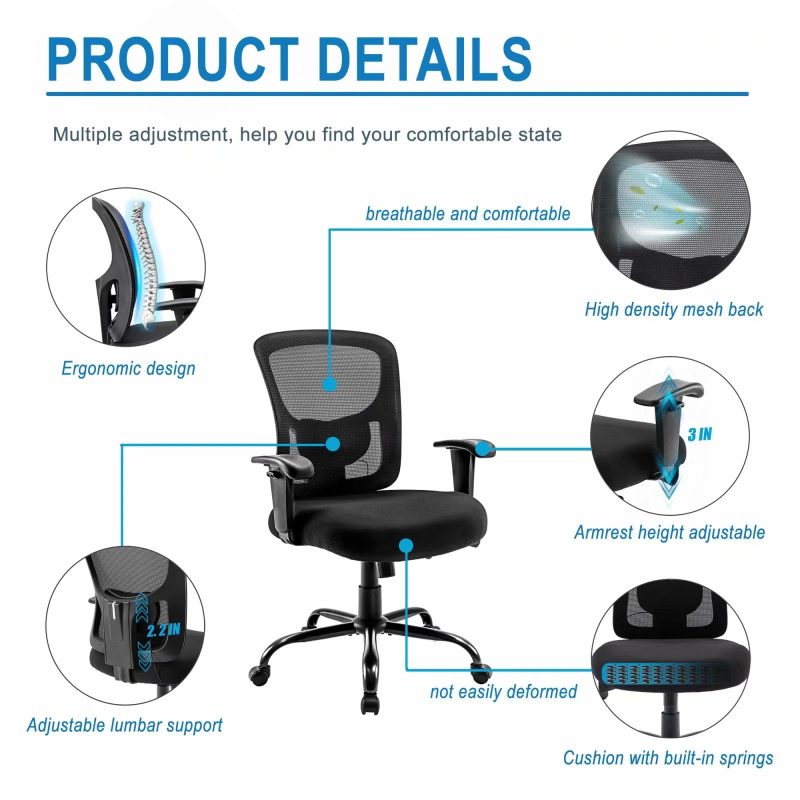 Bigroof Mesh Office Chair, Ergonomic Computer Chair with Flip-up Arms and Lumbar Support, Height Adjustable Home Office Desk Chairs, Black - Image 2