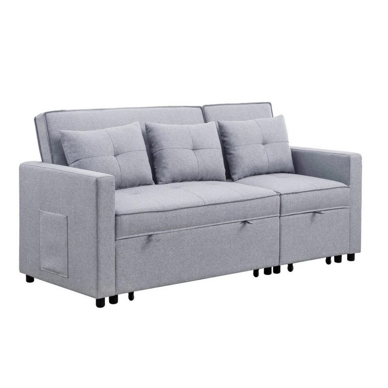 Benjara BM286632 80 in. Jayce Wood Convertible Sleeper Sofa with Side Pocket, Light Gray & Black