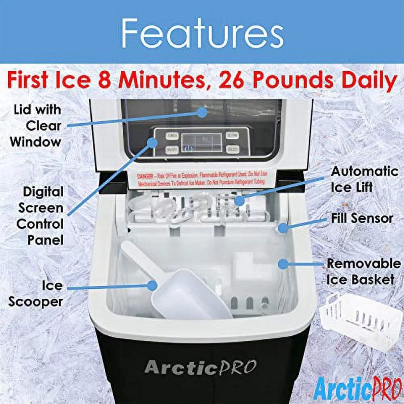 PORTABLE DIGITAL ICE MAKER MACHINE by Arctic-Pro with Ice Scoop, First Ice in 6-8 Minutes, 26 Pounds Daily, Great for Kitchens, Tailgating, Bars, Party, Small/Large Cubes, Black, 11.5x8.7x12.5 Inches - Image 2