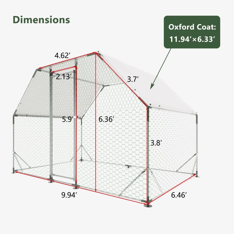 Large Chicken Coop for 6-8 Chickens, Seizeen Walk-in Chicken Run with Waterproof, Galvanized Wire Poultry Hen Dog House Rabbits Hutch Duck Cage, 10FT - Image 8