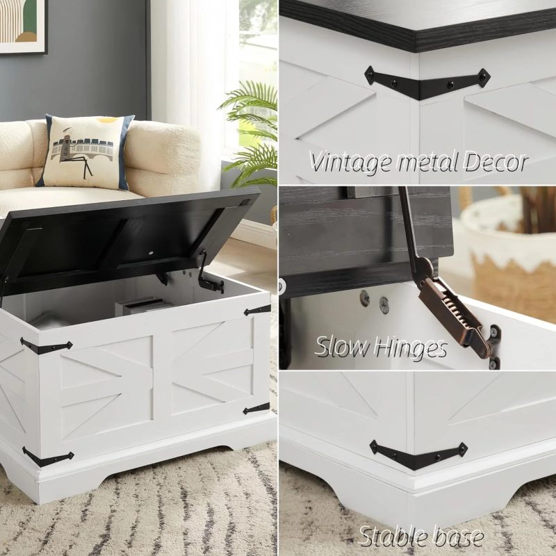 Farmhouse Coffee Table, Square Cocktail Table with Hidden Storage, Barn Panel Design and Hinged Lift Top, Center Table Decorated with Retro-Styled Metal Accents, White - Image 5