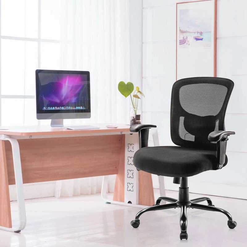 Bigroof Mesh Office Chair, Ergonomic Computer Chair with Flip-up Arms and Lumbar Support, Height Adjustable Home Office Desk Chairs, Black - Image 7