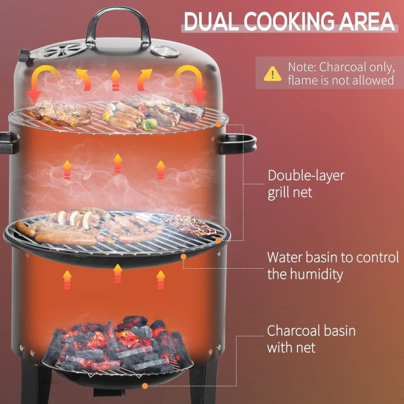 Outsunny Vertical Charcoal BBQ Smoker, 3-in-1 16" Round Charcoal Barbecue Grill with 2 Cooking Area, and Thermometer for Outdoor Camping Picnic Backyard Cooking, Black - Image 4