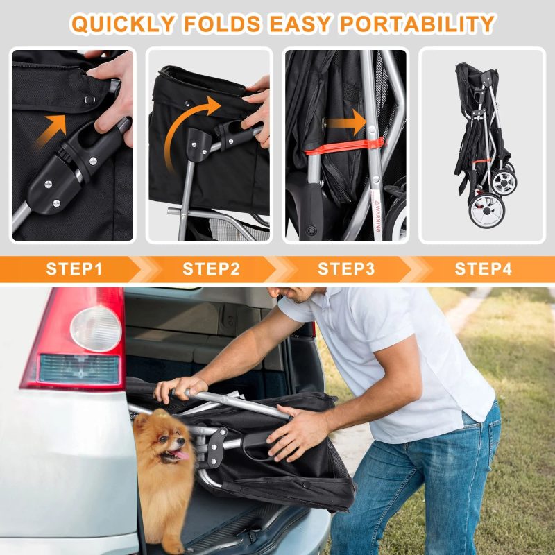 Pet Stroller 4 Wheels Dog Cat Stroller for Small Medium Dogs Cats Foldable Puppy Stroller with Storage Basket and Cup Holder - Image 3