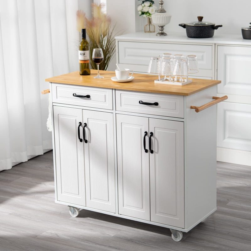 4 EVER WINNER White Kitchen Island with Storage on Wheels, Rolling Kitchen Island Cart with 2 Drawers& 4 Storage Cabinets, Wooden Countertop, Towel Racks, Adjustable Shelves - Image 8