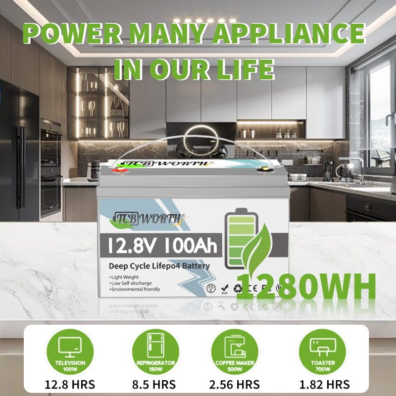 LiFePO4 Battery 12V 100Ah with 10A Charger,TCBWORTH Battery,100A BMS,10000+Cycles, for RV,Solar - Image 4