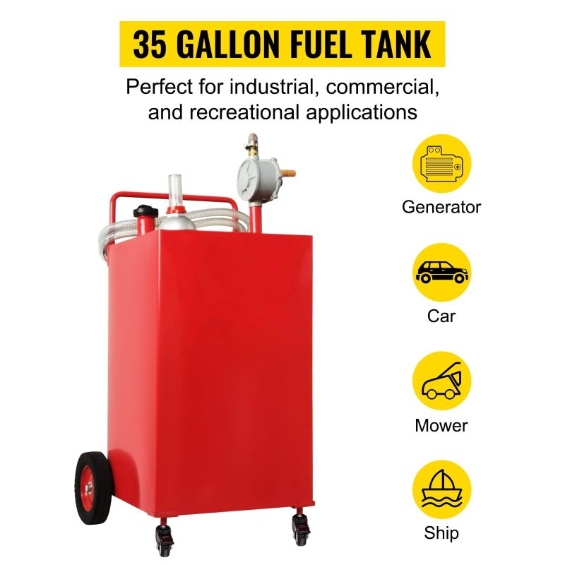 BENTISM Fuel Caddy Fuel Storage Tank 35 Gallon 4 Wheels with Manuel Pump, Red - Image 2