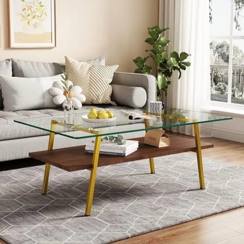 MQLIFEBOOM Glass Coffee Table Mid Century 2 Tier Rectangle Accent Table Tempered Glass Top & Wood Center Table for Living Room Apartment Small Space (Brown Glass/Coffee Brown) - Image 3