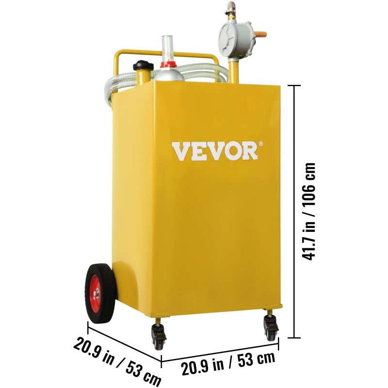 VEVOR 35 Gallon Gas Caddy, Fuel Storage Tank with 4 Wheels, Portable Fuel Caddy with Manuel Transfer Pump, Gasoline Diesel Fuel Container for Cars, Lawn Mowers, ATVs, Boats, More, Yellow - Image 8