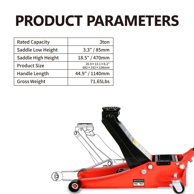 Low Profile Floor Jack, Seizeen 3 Ton(6600 lbs) Trolley Jack Dual Lift Pump, Quick Lift 3-3/10" - 18-4/20", Heavy-Duty Steel Jack with 45''L Extended Handle, Car Jack w/Wheels, Rubber Saddle, Red - Image 3