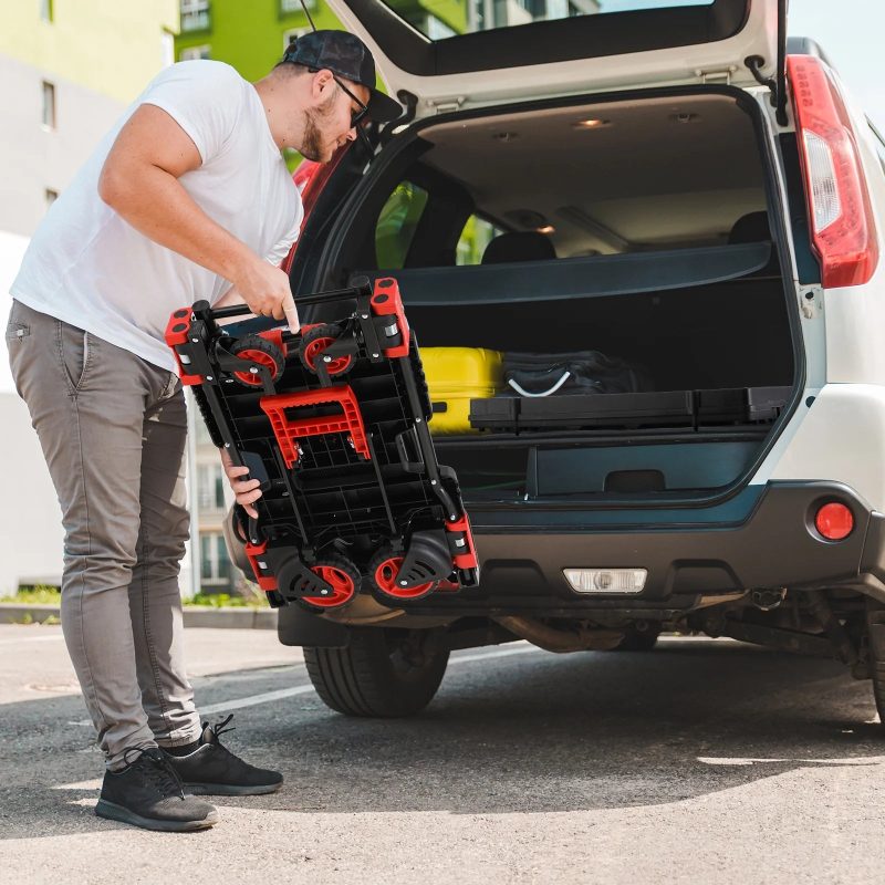 LAZY BUDDY Folding Hand Truck Dolly, 2-in-1 Heavy-duty Platform Cart with 22" Folding Basket, Collapsible Utility Luggage Dolly Cart, Red, 330LBS - Image 6