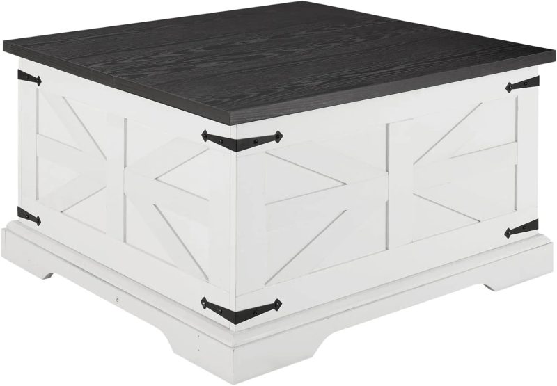 Farmhouse Coffee Table, Square Cocktail Table with Hidden Storage, Barn Panel Design and Hinged Lift Top, Center Table Decorated with Retro-Styled Metal Accents, White - Image 4