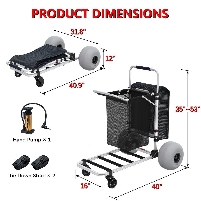 GDLF Foldable Beach Cart with Adjustable Handle and 12" Balloon Wheels, Heavy Duty Aluminum 220LBS Capacity - Image 5