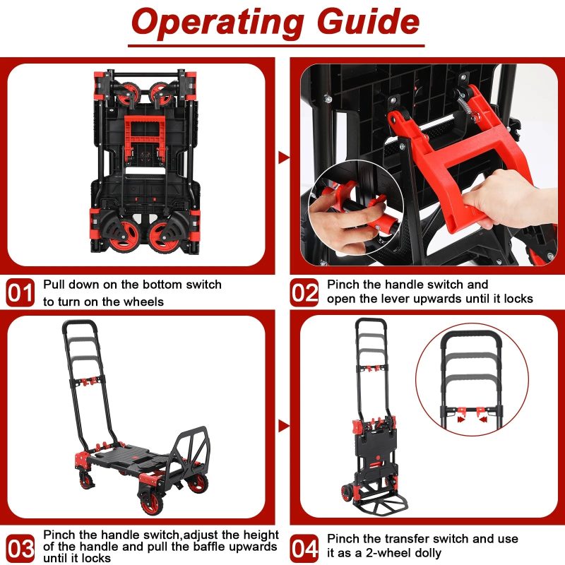 LAZY BUDDY Folding Hand Truck Dolly, 2-in-1 Heavy-duty Platform Cart with 22" Folding Basket, Collapsible Utility Luggage Dolly Cart, Red, 330LBS - Image 8