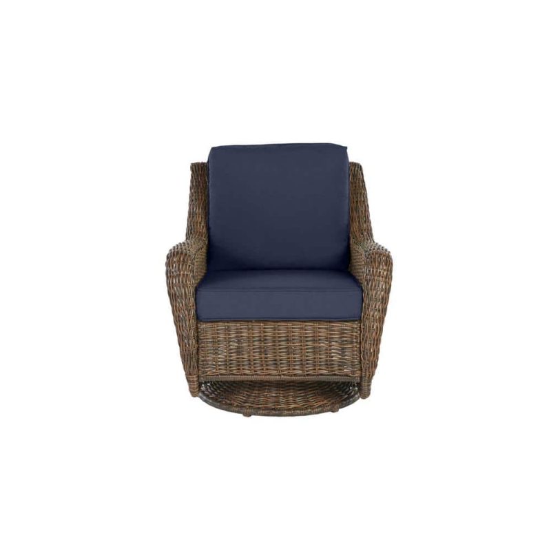 Hampton Bay Cambridge Brown Wicker Outdoor Patio Swivel Rocking Chair with CushionGuard Midnight Navy Blue Cushions 65-17148B4