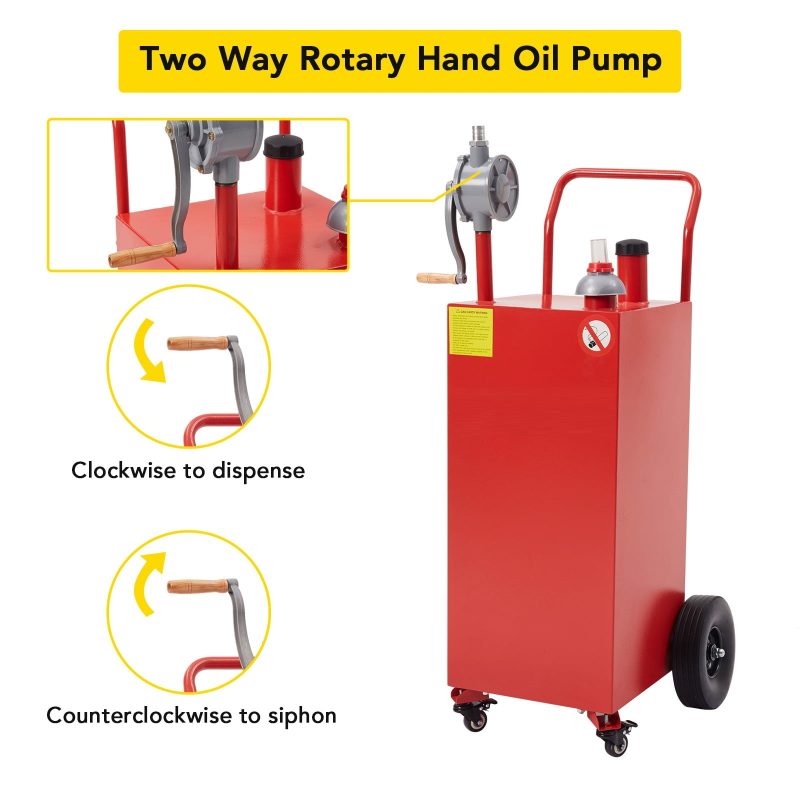 Fuel Caddy 30 Gallon Gas Storage Tank Large Gasoline Diesel Can with 4 Wheels Manuel Transfer Pump Anti-Static Ground Clamp for Cars Lawn Mowers ATVs Boats Motorcycles - Image 5