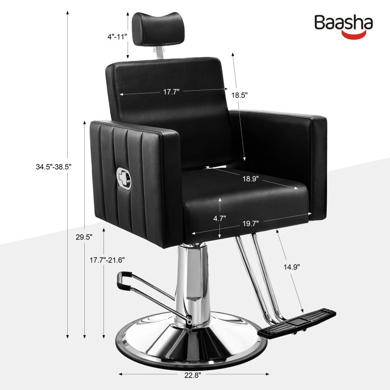 Baasha Reclining Salon Chair for Hair Stylist, Barber Chair All Purpose Styling Chair with Heavy Duty Hydraulic Pump, Reclining Barber Chair Spa Equipment - Black - Image 6