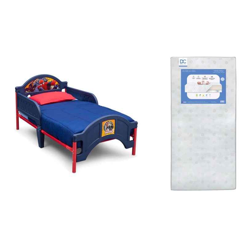 Delta Children Plastic Toddler Bed, Marvel Spider-Man + Delta Children Twinkle Galaxy Dual Sided Recycled Fiber Core Toddler Mattress (Bundle)