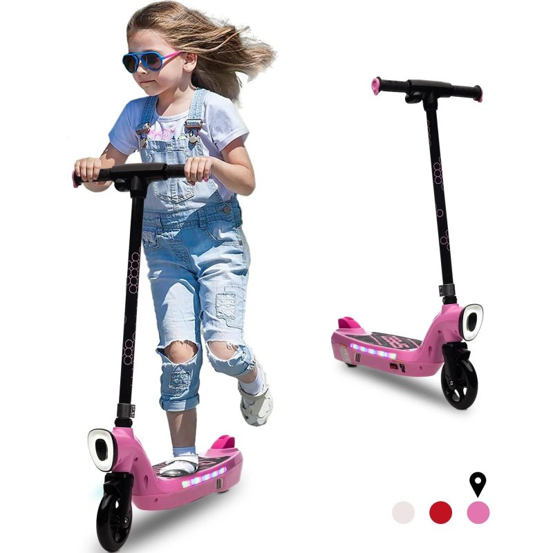 iRerts Kids Electric Scooter for 6-14 Year Old, Portable Kids Scooter for Boys Girls, 12V 45W Kids Electric Scooter with Front Big Light, Rear Brake, Colorful Deck Light, Pink