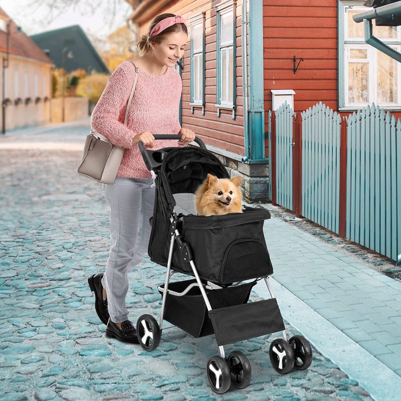 Pet Stroller 4 Wheels Dog Cat Stroller for Small Medium Dogs Cats Foldable Puppy Stroller with Storage Basket and Cup Holder - Image 9