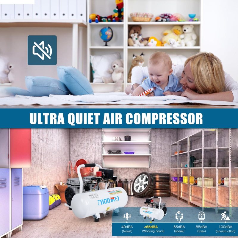 Limodot Air Compressor, Ultra Quiet Air Compressor, Only 60dB, 2 Gallon Air Tank, Dual Couplers Supports Two Users, Fast 20s Recovery, Oil-Free, Ideal For Shop, Garage, Car, Pneumatic Tools - Image 4